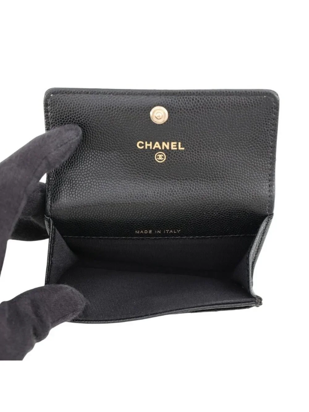 Chanel Card Case Quilted CC Logo Caviar Leather Rhinestone Business Black